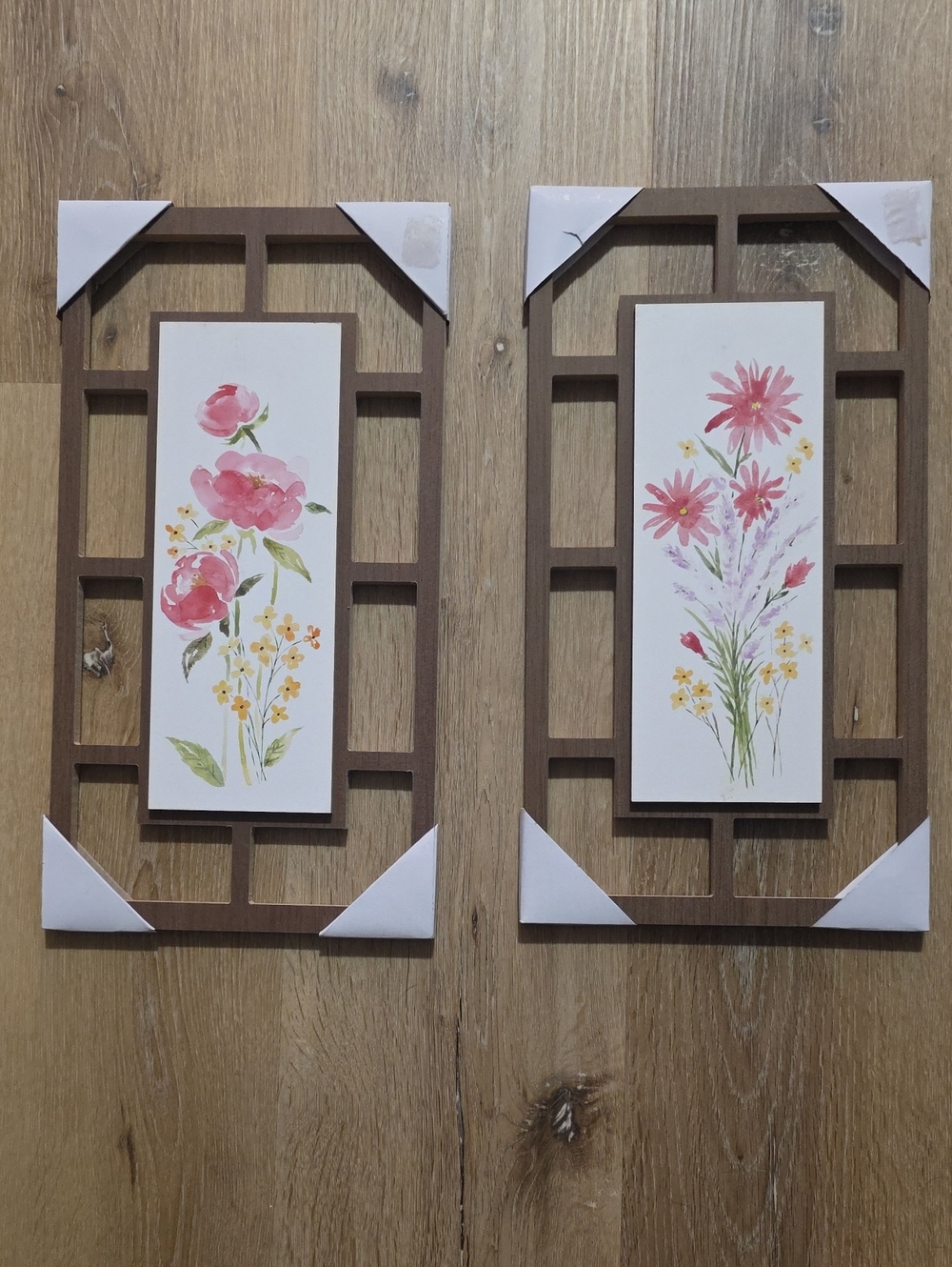 Set of Two Floral Pink Wall Frames with Brown Wood Grids